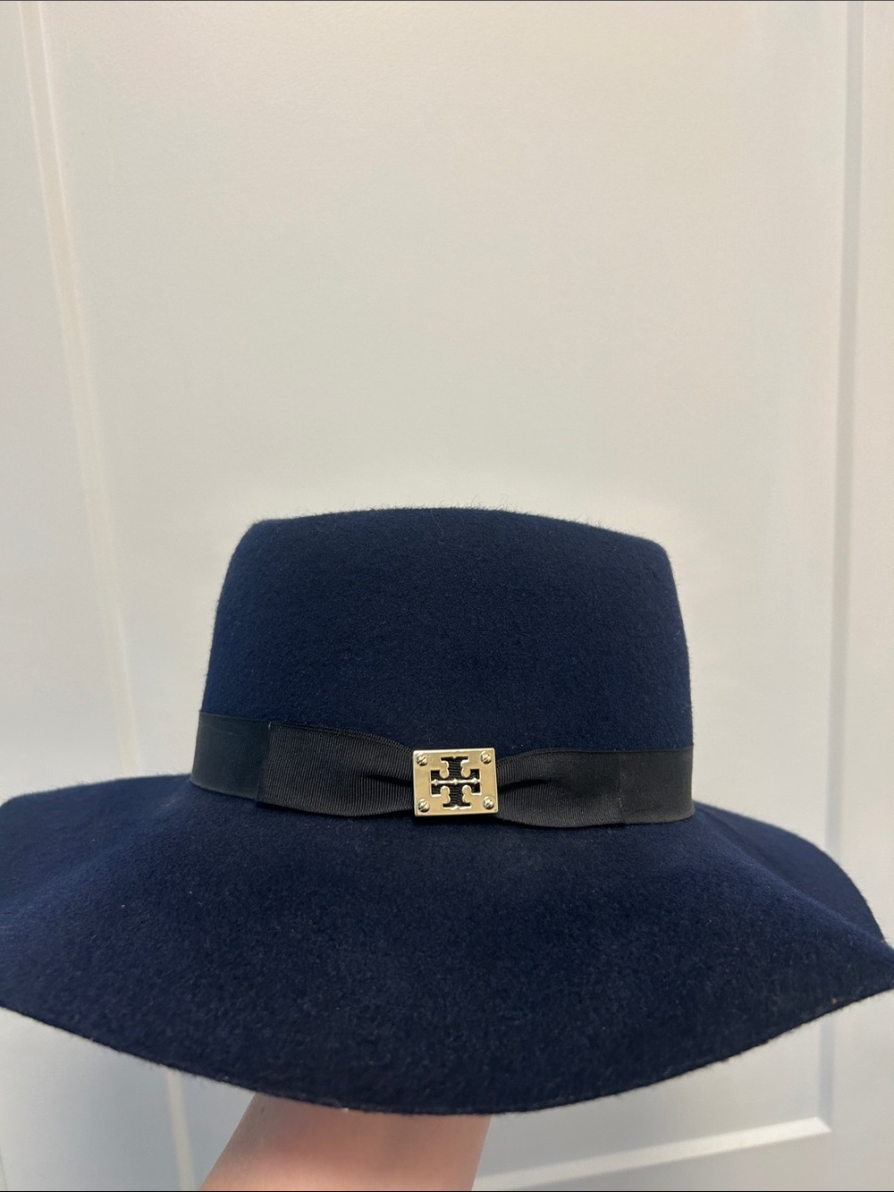 Tory Burch Navy Wide-Brim Hat with Black Band and Gold Logo